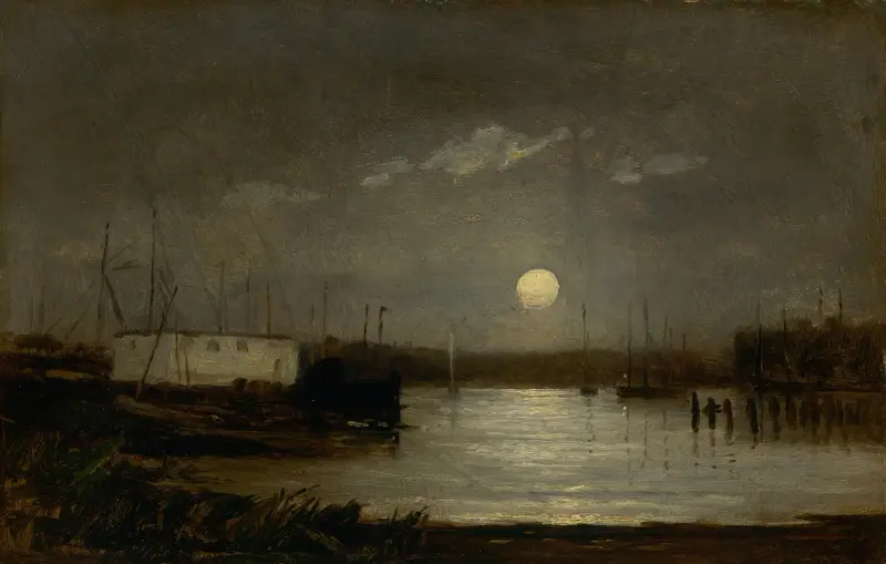 Untitled (moon over a harbor, wharf scene with full moon and masts of boats) av Edward Mitchell Bannister