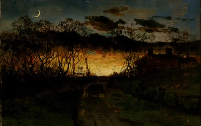 Utan titel (solnedgång med halvmåne och bondgård) av Edward Mitchell Bannister