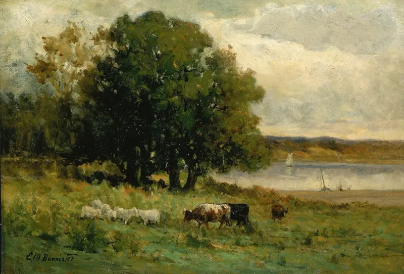 Untitled (cattle near river with sailboat in distance) av Edward Mitchell Bannister
