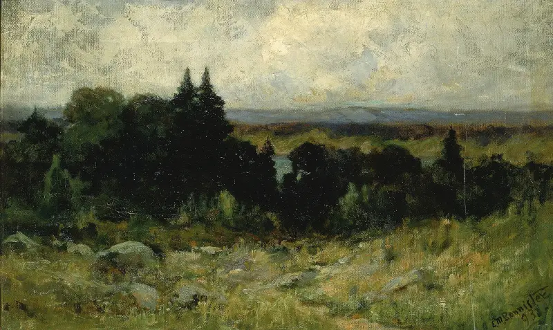 Utan titel (landskap, fält med stenar och träd) av Edward Mitchell Bannister