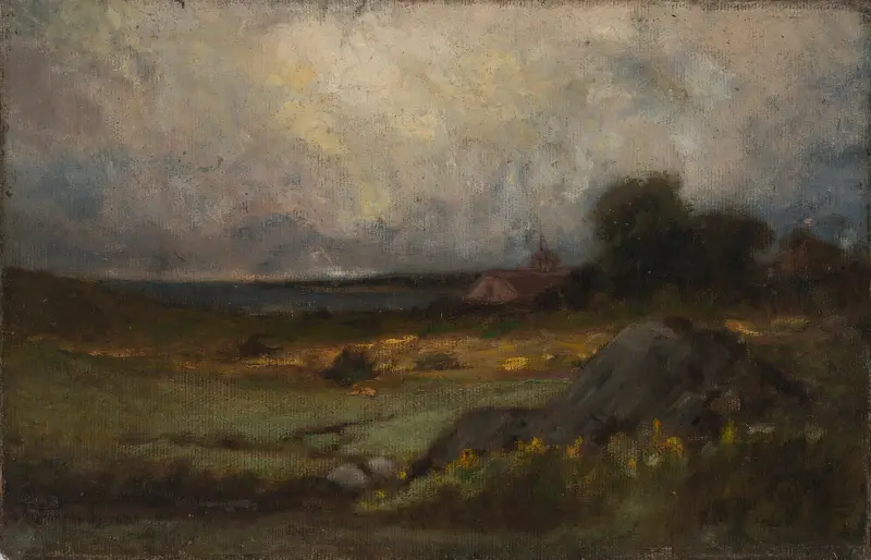 Bez názvu (krajina se skálou v popředí a střechou s věží, jezero v pozadí) – Nr. 3, Edward Mitchell Bannister