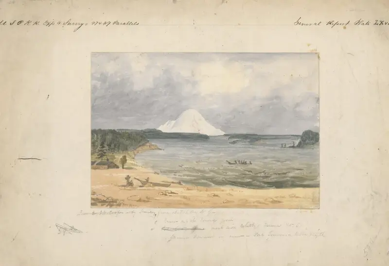 Puget Sound och Mount Rainier från Whitby's Island av John Mix Stanley