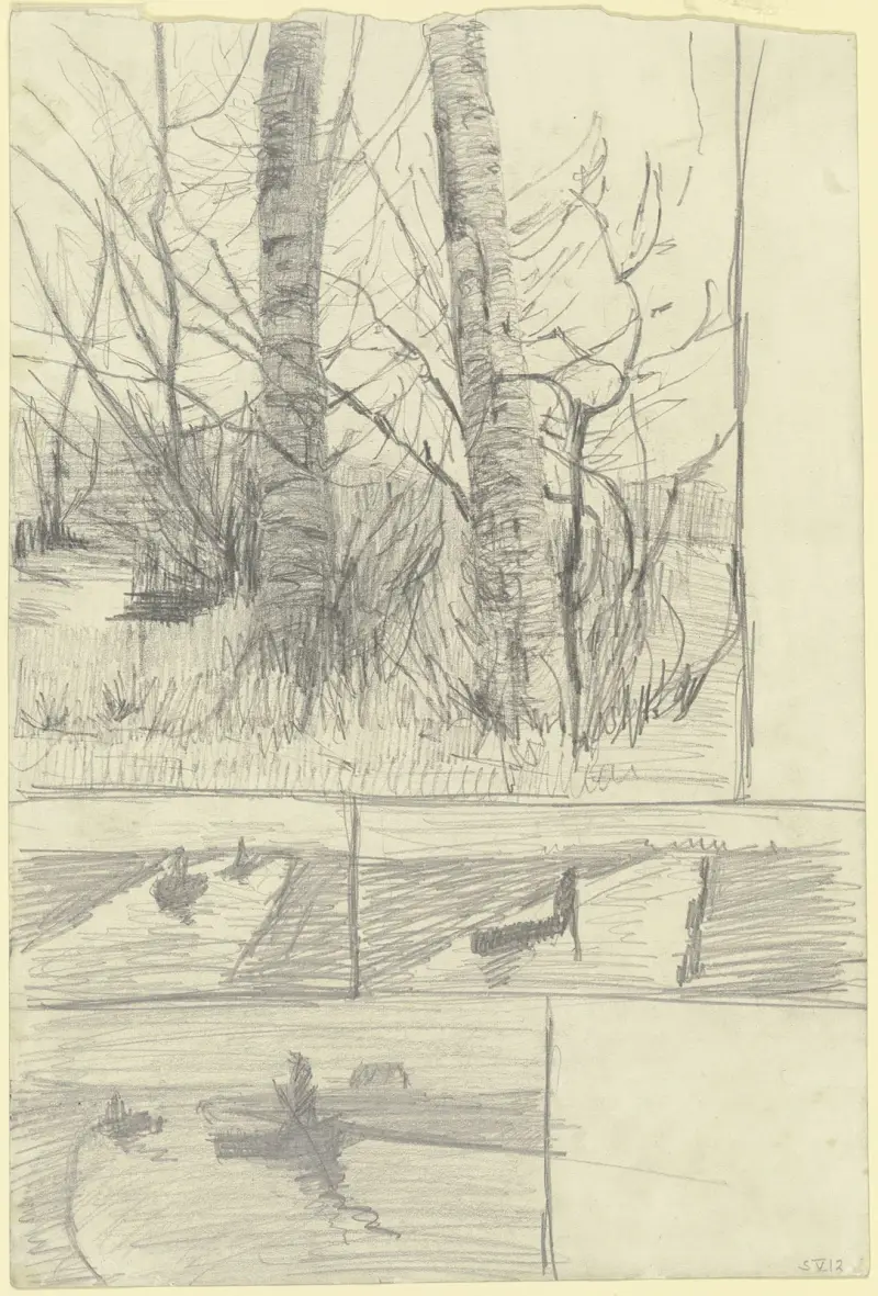 Birkenstämme ; Drei Studien eines Moorkanals mit Kähnen av Paula Modersohn-Becker