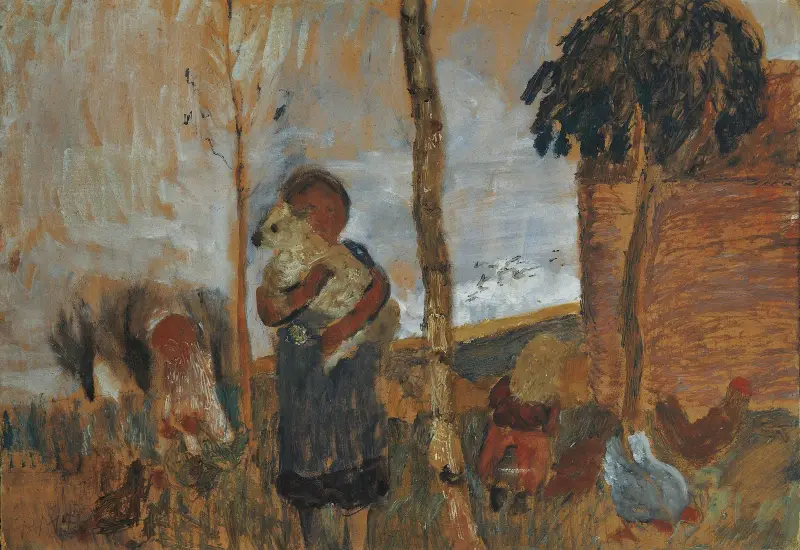 Kinder und Hühner vor einer Landschaft von Paula Modersohn-Becker