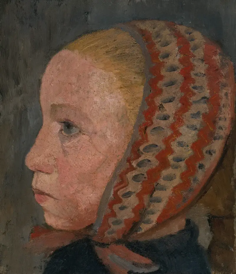 Mädchenkopf mit gestreifter Mütze im Profil nach links von Paula Modersohn-Becker