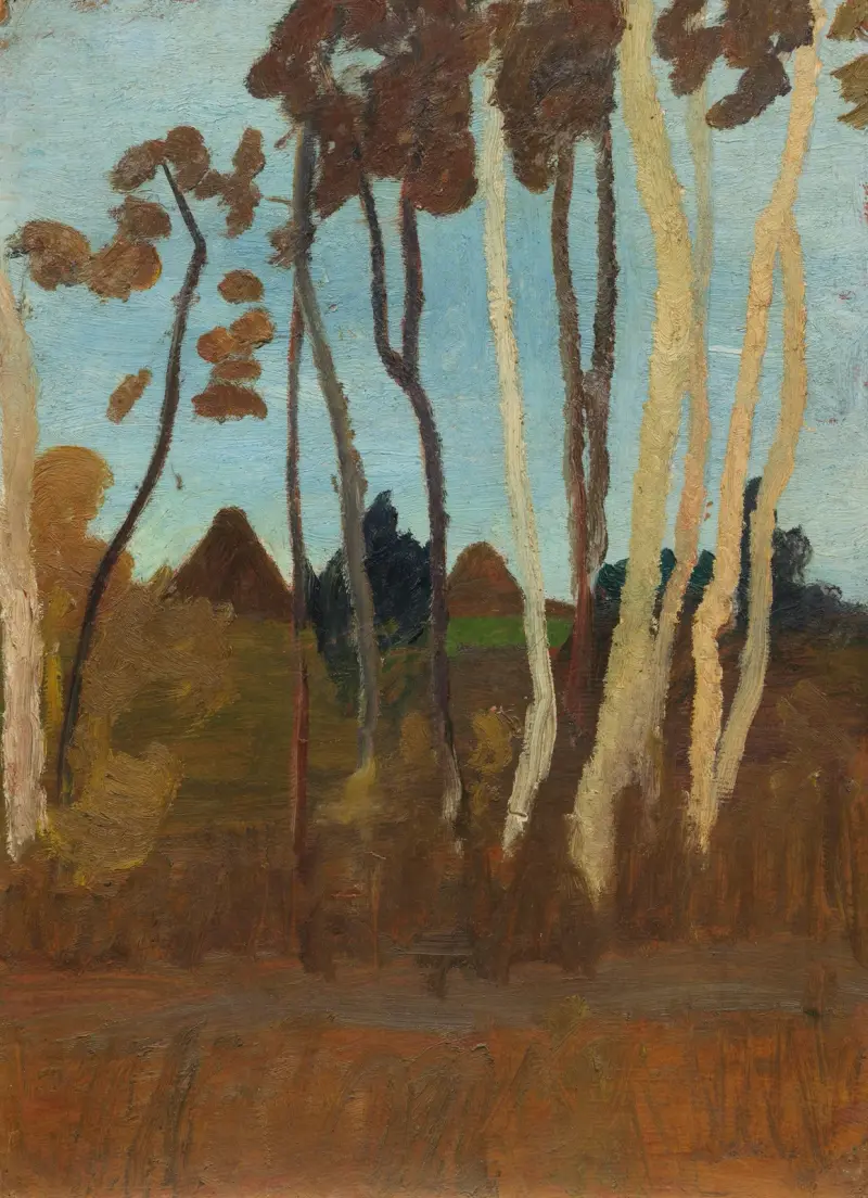 Landschaft mit Birken, im Hintergrund zwei Hausgiebel av Paula Modersohn-Becker