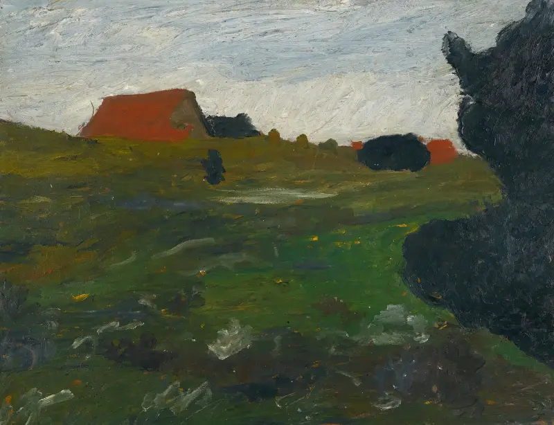 Landschaft mit Busch und roten Häusern von Paula Modersohn-Becker