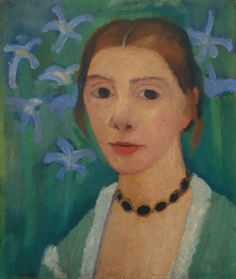 Self-portrait in front of a green background with a blue iris av Paula Modersohn-Becker