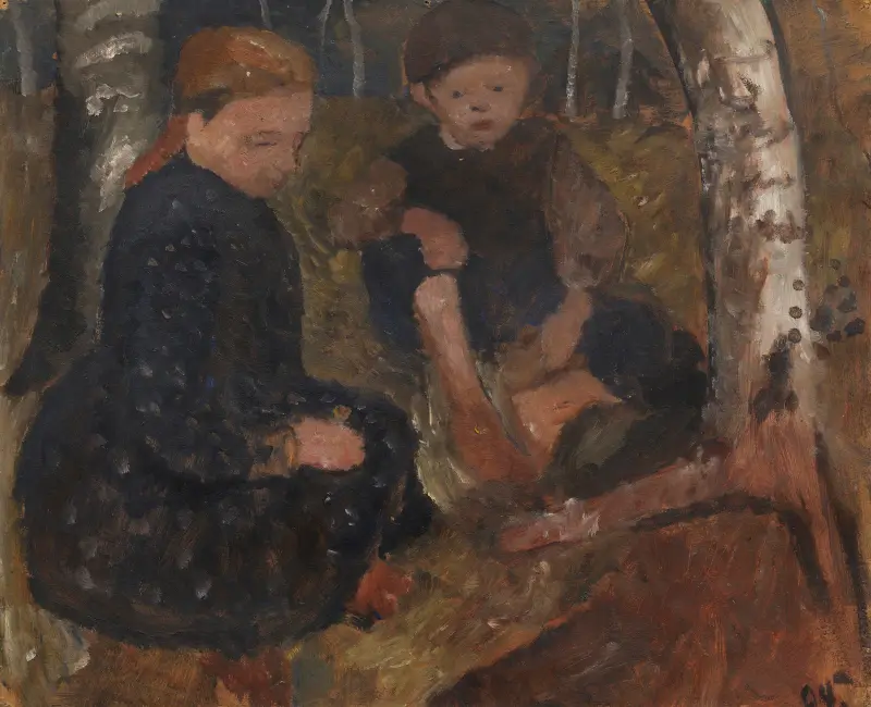 Zwei sitzende Kinder im Wald von Paula Modersohn-Becker