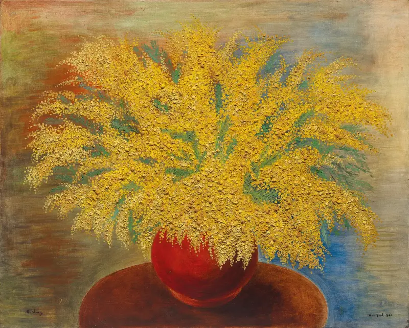 Mimosabukett im roten Topf von Moïse Kisling