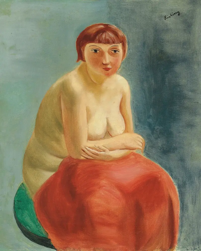 Sitzender Akt mit rotem Vorhang von Moïse Kisling