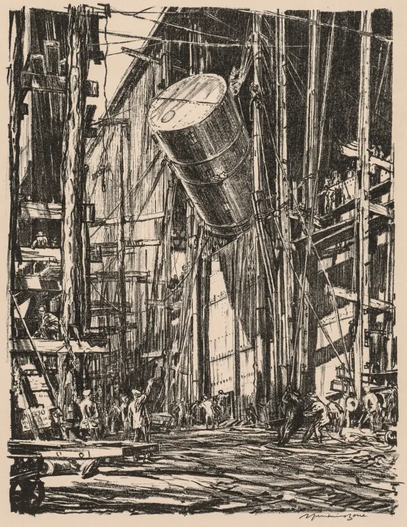 På Clyde, 1917–1918; lyft av en oljetank till en tågfärja av Muirhead Bone