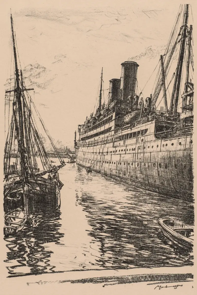 Vid Clyde, 1917–1918; Tuscania i Glasgow av Muirhead Bone