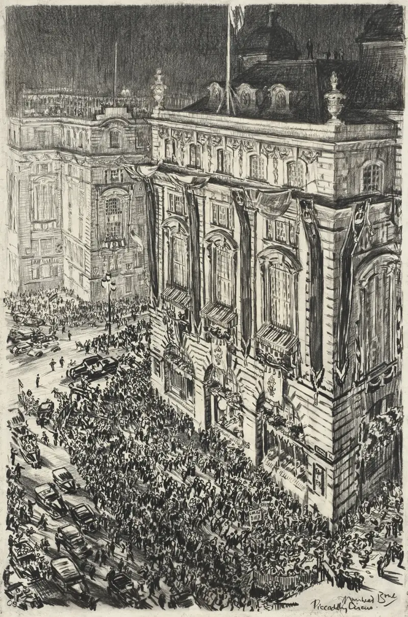 Piccadilly Circus, dagen före kröningen av George VI av Muirhead Bone