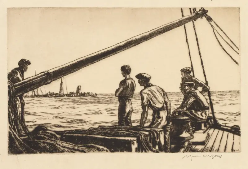 Salvage Men Approaching a Torpedoed Ship av Muirhead Bone