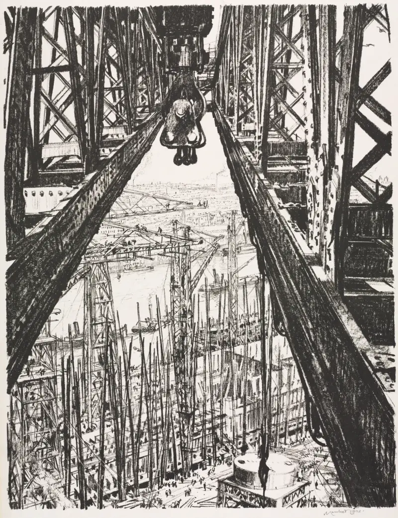 The Great War; Britain’s Efforts and Ideals; Building Ships; A Shipyard Seen from a Big Crane av Muirhead Bone