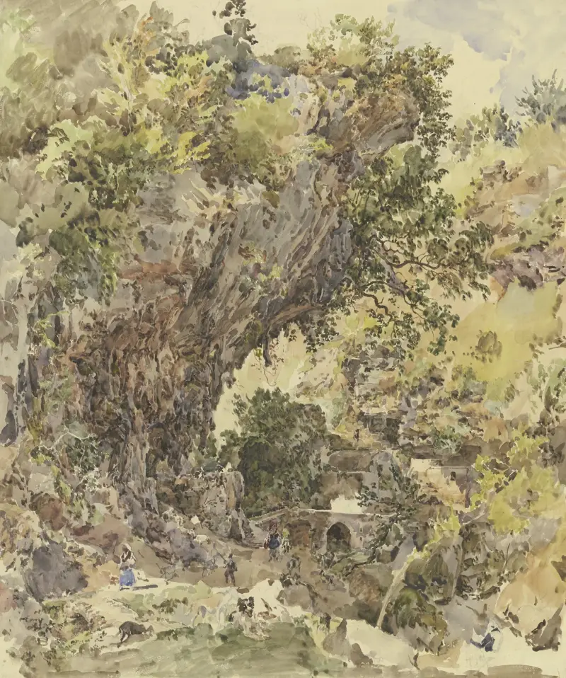 Bergslandskap med en bro och många figurer, till vänster en storslagen klippformation av Johann Nepomuk Rauch