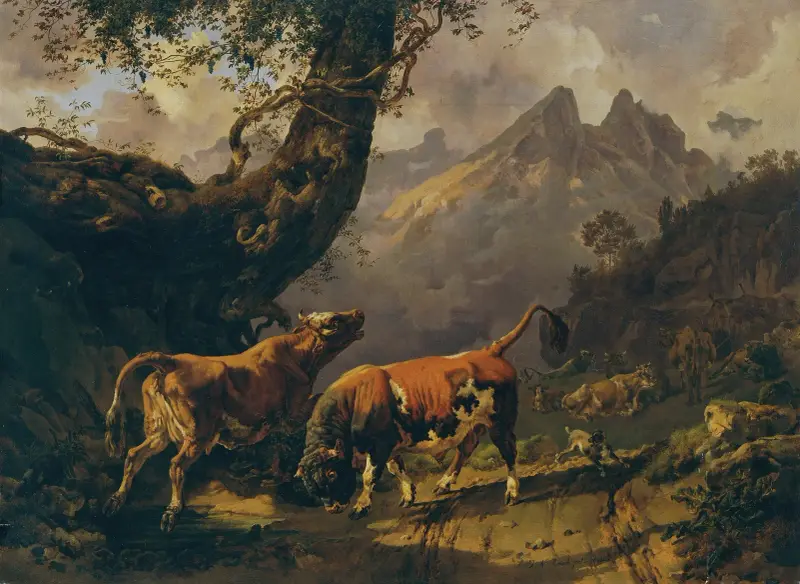 Stier, eine Kuh verfolgend, im Hintergrund Landschaft bei Carrara von Johann Nepomuk Rauch