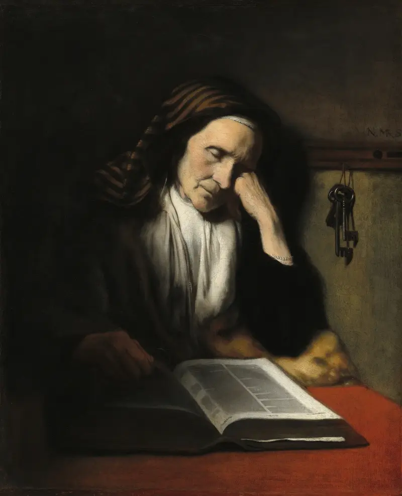 Eine alte Frau, über einem Buch schlummernd von Nicolaes Maes