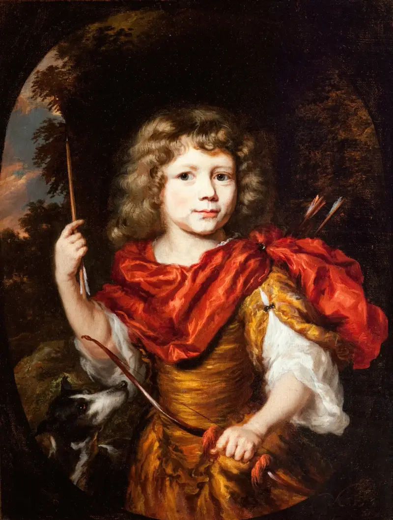 Porträtt av en pojke med pilbåge och hund (Amor) av Nicolaes Maes