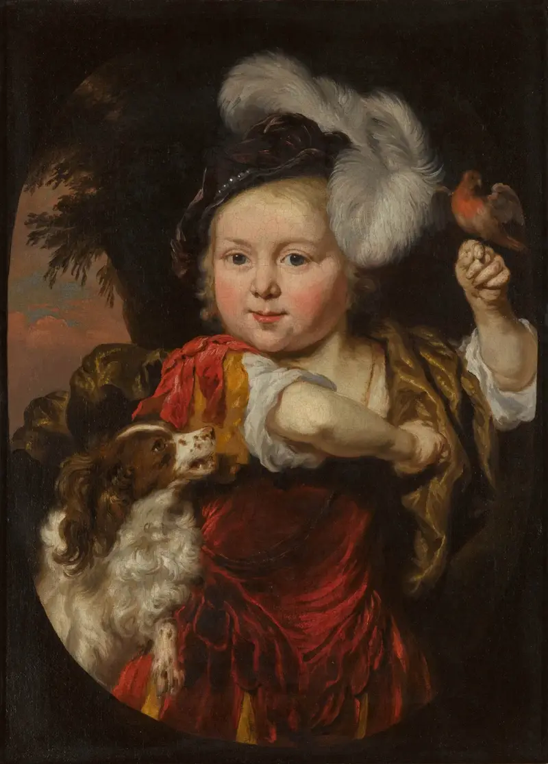 Portret chłopca z gilem i spaniellem, Nicolaes Maes