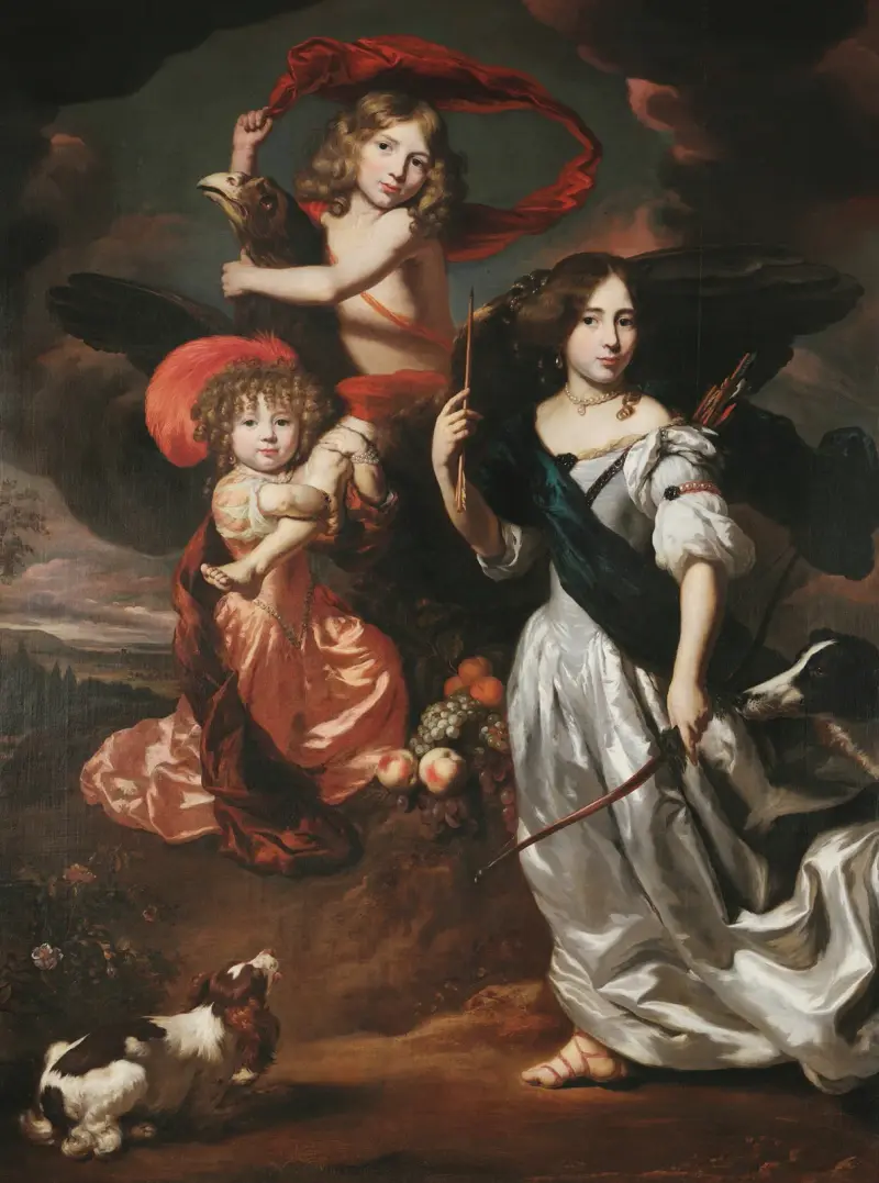 Portrait of Three Children as Ceres, Ganymede, and Diana av Nicolaes Maes