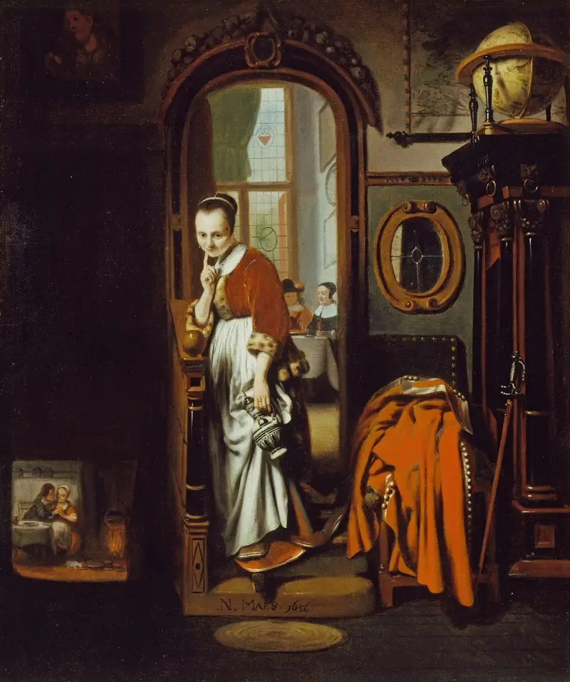 Den lyssnande husmodern (Tjuvlyssnaren) av Nicolaes Maes