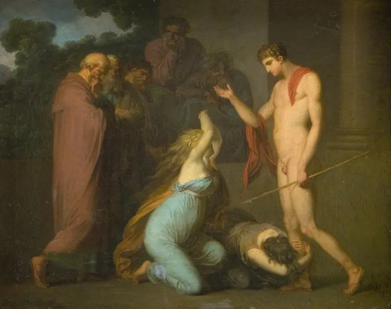 Ismene und Antigone flehen zu Theseus von Nicolai Abildgaard
