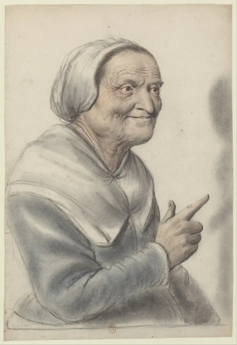 Femme âgée portant une coiffe blanche, l’index pointé, vue de trois quarts à droite av Nicolas Lagneau