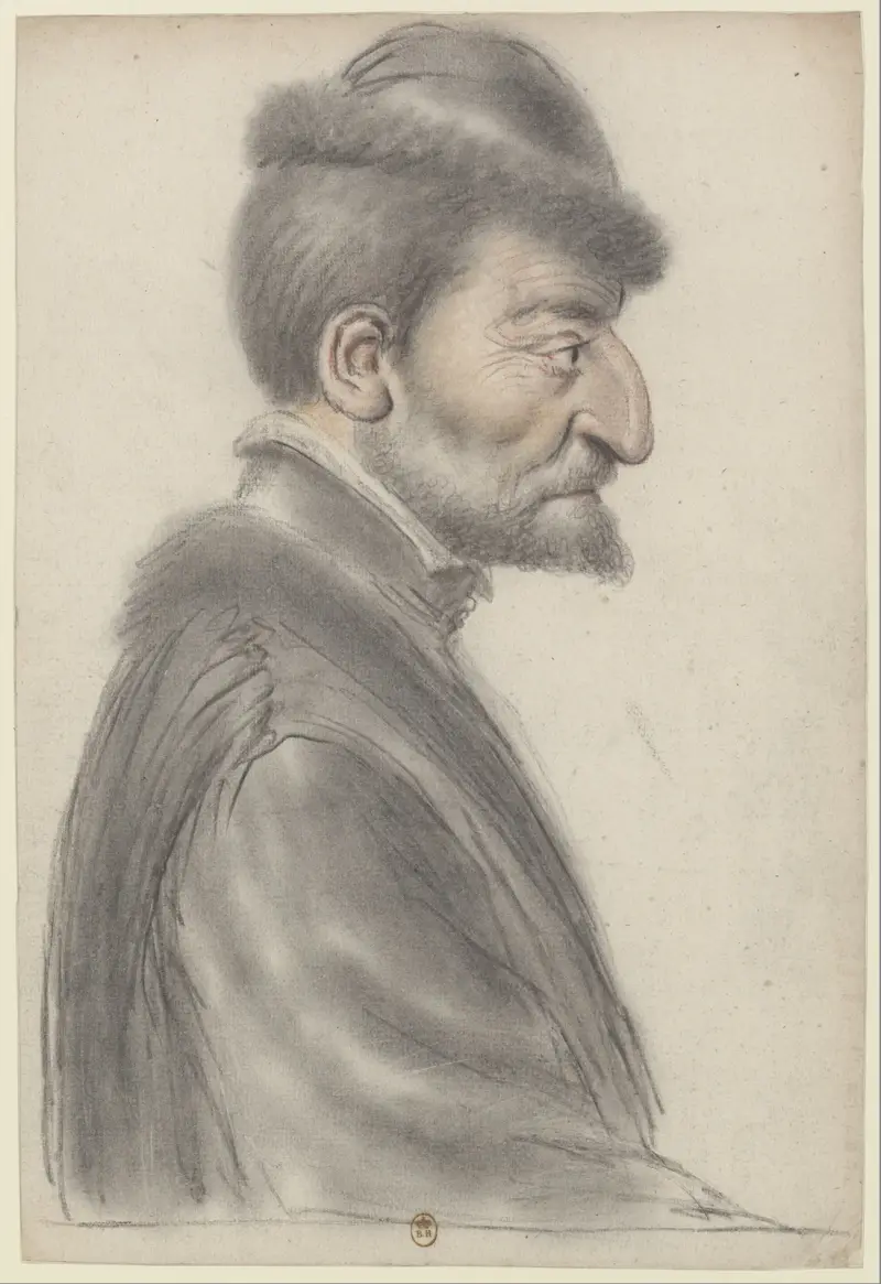 Homme âgé, à la barbe courte, coiffé d’un bonnet bordé de fourrure, de profil à droite av Nicolas Lagneau