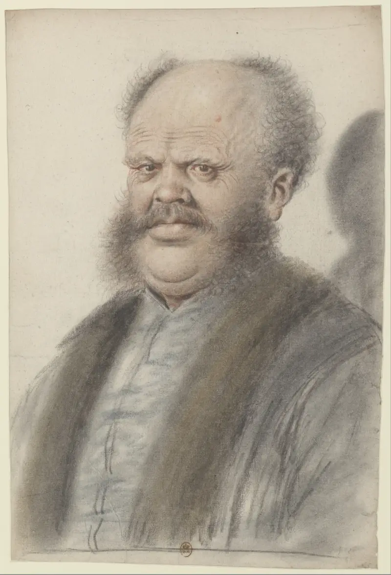 Homme au crâne dégarni, portant moustaches et larges pattes de cheveux descendant sur les joues, vu presque de face av Nicolas Lagneau