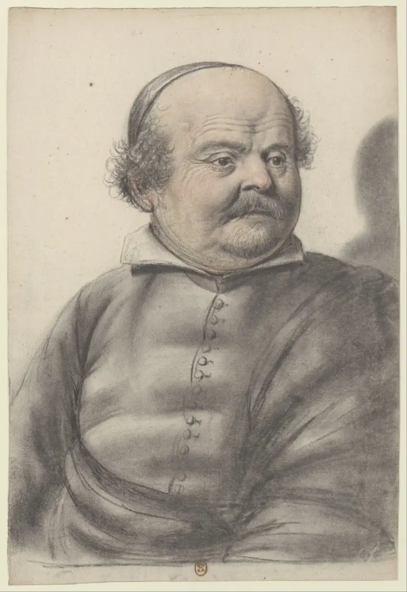 Homme au visage rond, portant moustaches et royale, coiffé d’une calotte, la tête de trois quarts à droite av Nicolas Lagneau