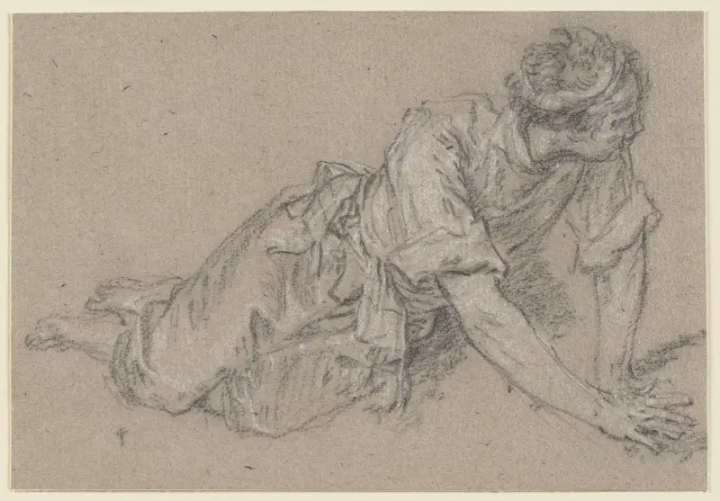 Auf allen vieren am Boden hockender Mann (mit Küken spielender Bursche), 1730 – nr 3 av Nicolas Lancret