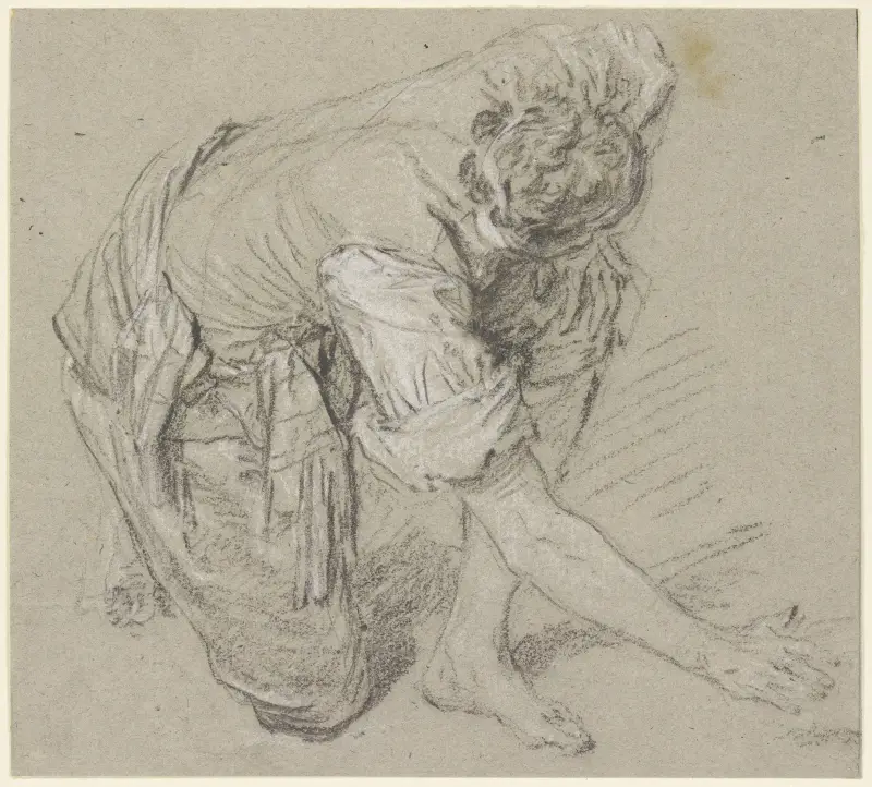 Auf allen vieren am Boden hockender Mann (mit Küken spielender Bursche), 1730 – nr 1 av Nicolas Lancret