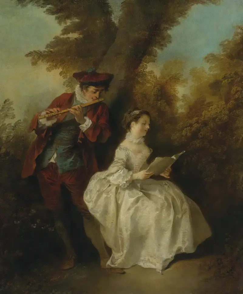 ‘le Duo’, a Young Man Playing The Flute And a Young Woman Singing In a Landscape av Nicolas Lancret