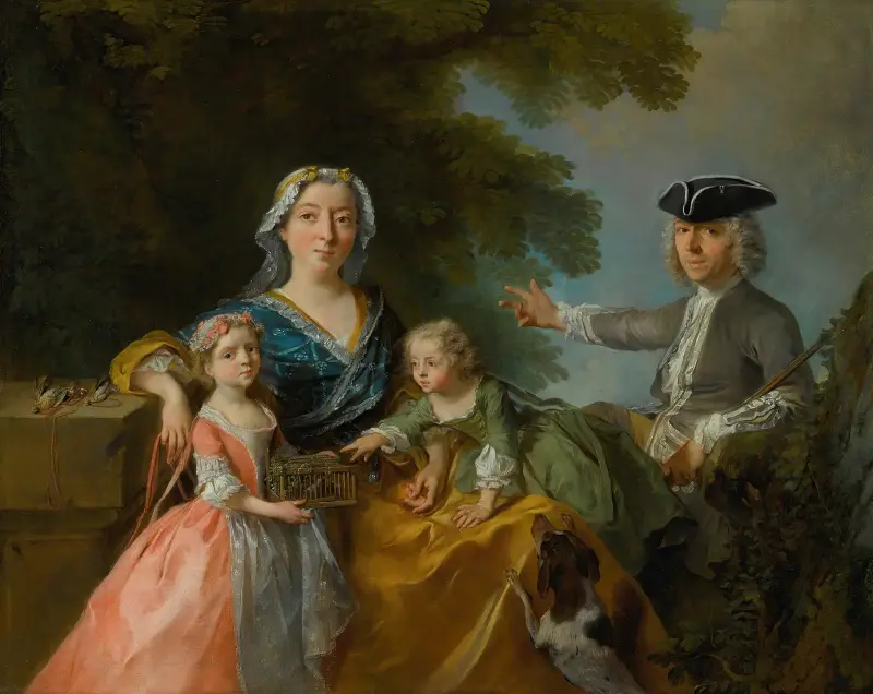 Porträtt av en familj, traditionellt identifierad som herr och fru Saint-Martin med sina två barn i ett landskap av Nicolas Lancret