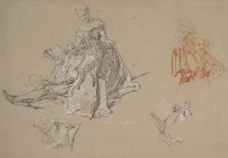 Studien eines Paares, das auf dem Boden sitzt und in ein Liederbuch schaut von Nicolas Lancret