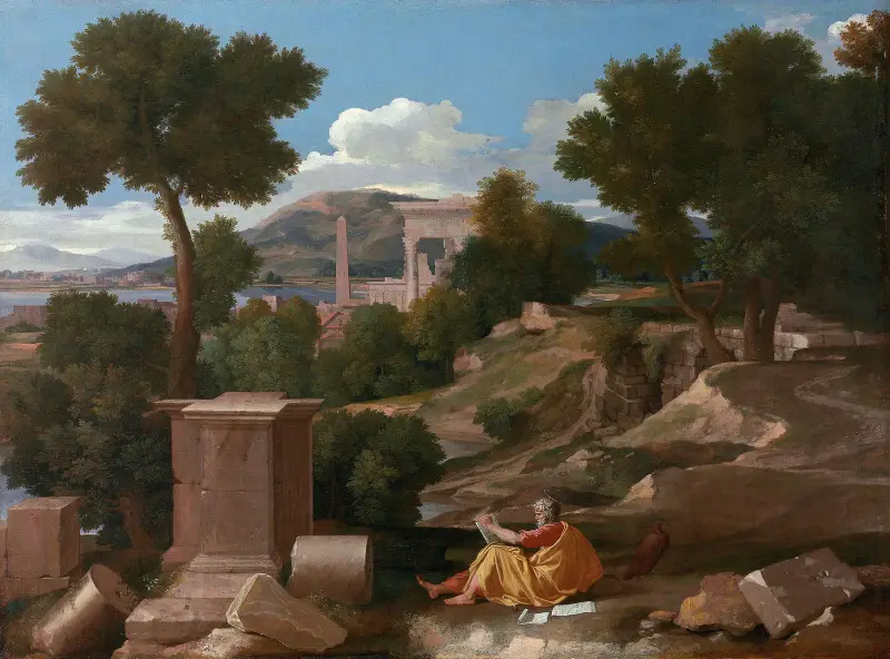 Landskap med Johannes på Patmos av Nicolas Poussin