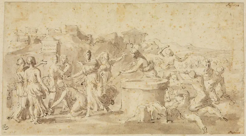 Moses verteidigt die Töchter des Jethro am Brunnen av Nicolas Poussin