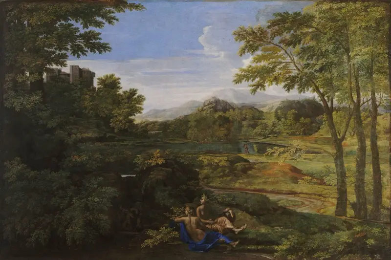 Landskap med två nymfer och en orm av Nicolas Poussin