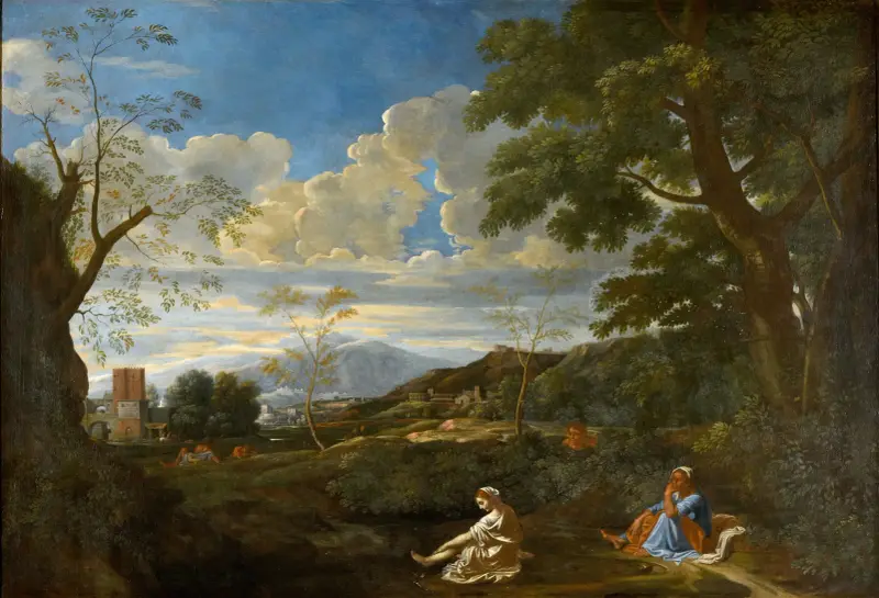 Paysage avec la femme qui se lave les pieds av Nicolas Poussin