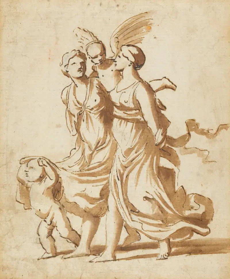 Zwei Mädchen in Begleitung von Cupido von Nicolas Poussin