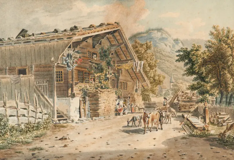 Bondgård och gata i Meiringen av Franz Niklaus König