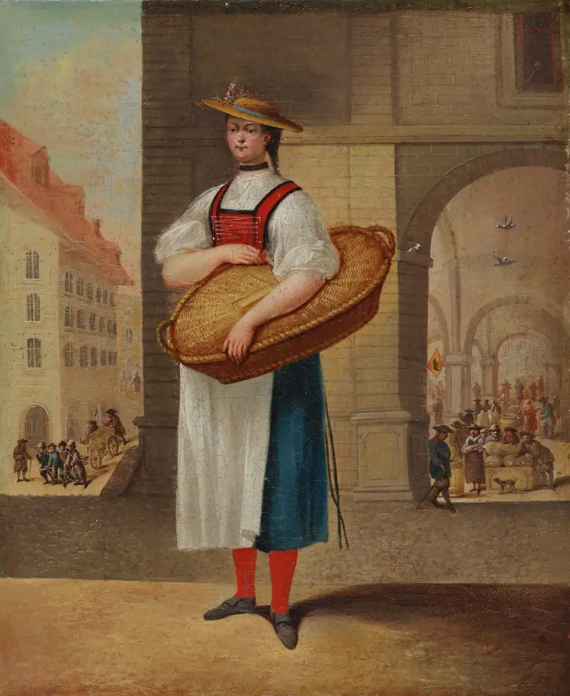 Berner Trachtenmädchen vor dem Kornhaus av Franz Niklaus König