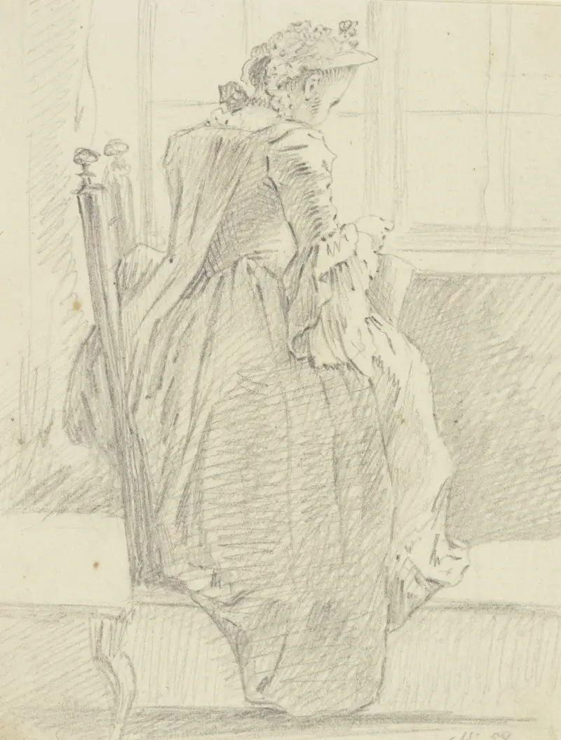 Frau mit Handarbeit am Fenster av Daniel Nikolaus Chodowiecki