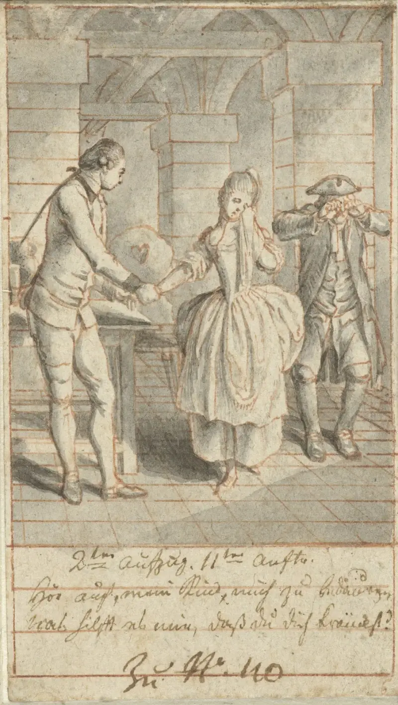 Louise och hennes far Johann Ludwig besöker Alexis i fängelset av Daniel Nikolaus Chodowiecki