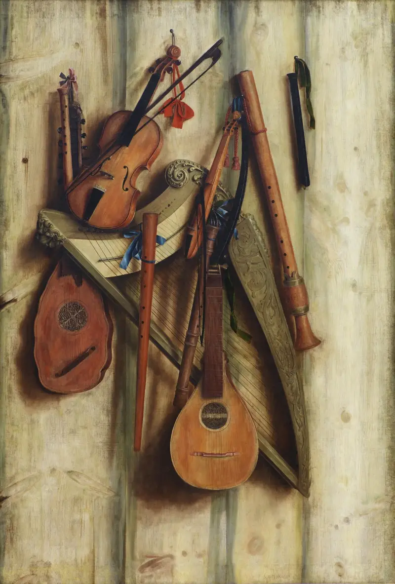 Board Partition With Musical Instruments. Trompe L’oeil av Cornelis Norbertus Gijsbrechts