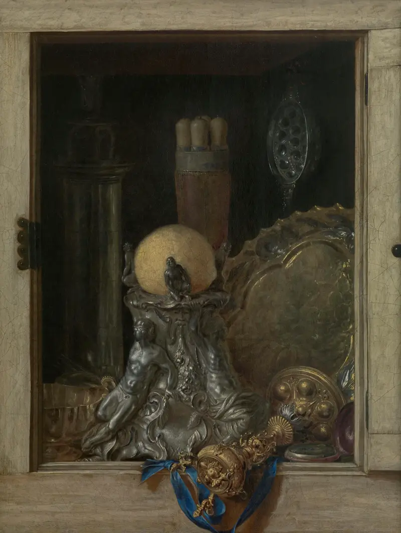 Trompe l’oeil of an open cupboard with precious vessels av Cornelis Norbertus Gijsbrechts