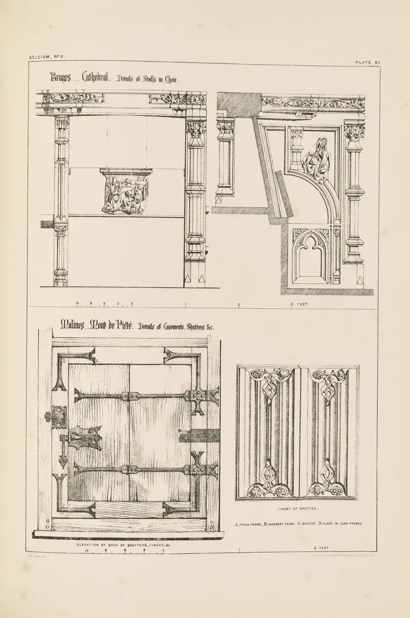 Bruges. Cathedral. Details of Stalls in Choir, Malines. Mont de Piété. Details of Casements av Richard Norman Shaw