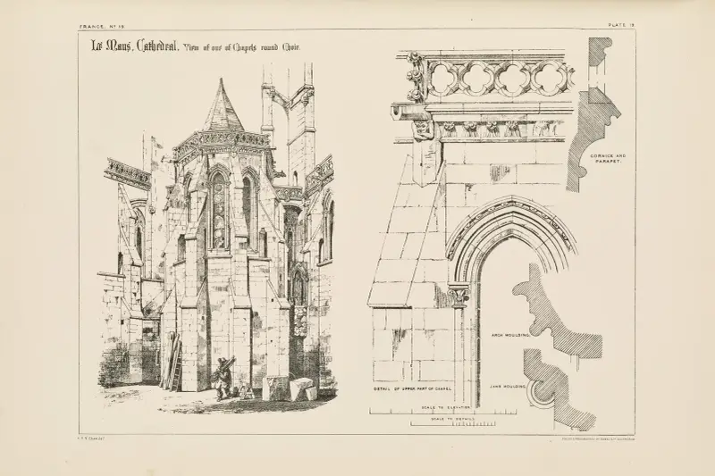 Le Mans. Cathedral. Exterior View of one of the Chapels round Choir av Richard Norman Shaw